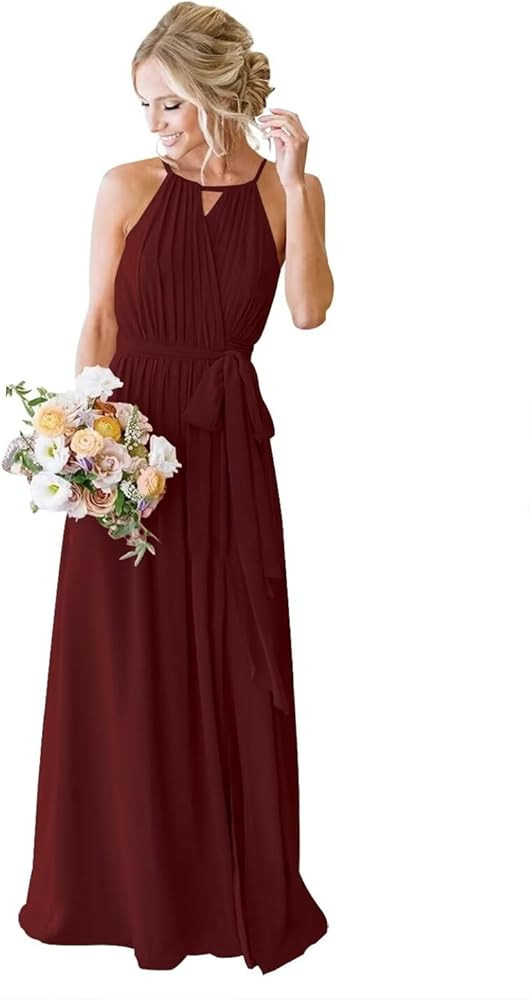 Women's Halter Long Chiffon Wrap Bridesmaid Dress A Line High Waist Slit Simple Prom Dress SR008 | Amazon (US)