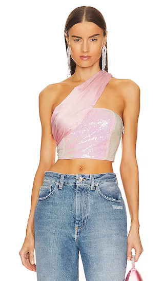 Gea Asymmetrical Crop Top in Light Pink | Sequin Top | Glitter Top | Sparkly Top | Sparkle Top | Revolve Clothing (Global)