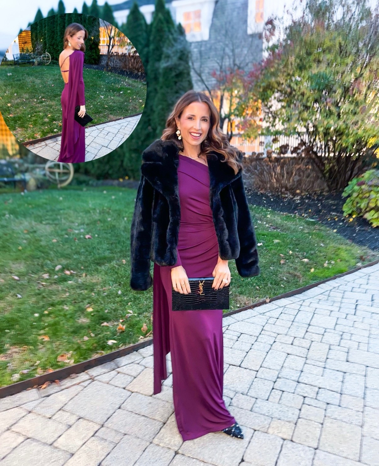 My wedding guest dress in XS. Party dress. Cocktail dress. Fall wedding guest. Winter wedding guest. Faux fur coat in XS. YSL envelope clutch. Love these sparkly shoes from Target!

#LTKWedding #LTKHoliday #LTKParties
