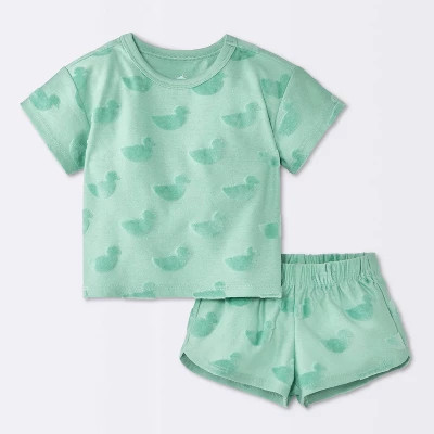 Baby Boys' 2pc Short Sleeve Duck Printed T-Shirt and Shorts Set - Cloud Island™ Green Newborn | Target