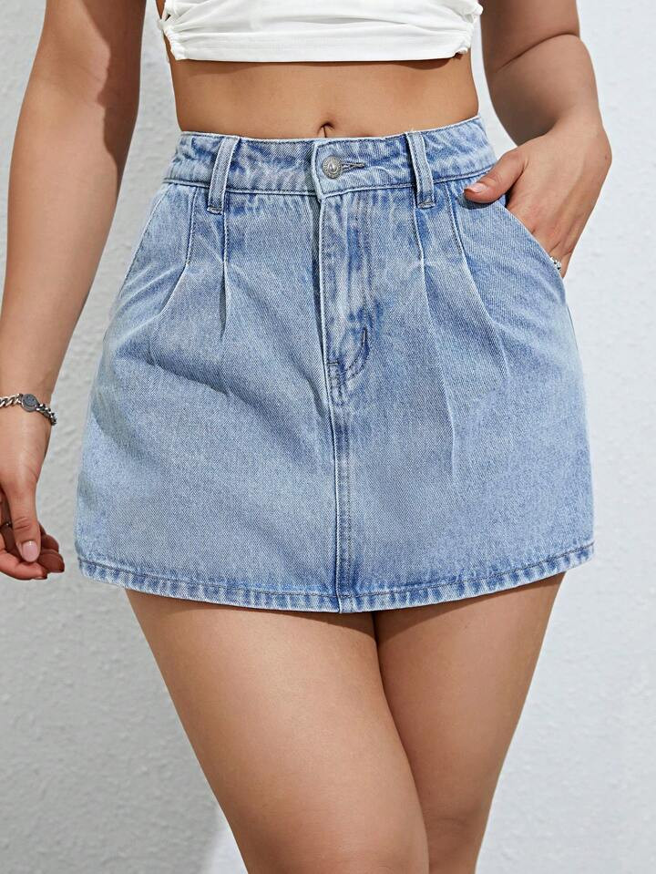 SHEIN Fold Pleated Detail Denim Skort | SHEIN