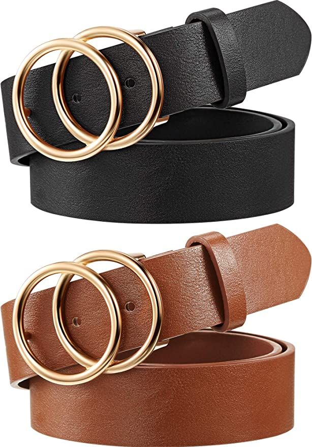 Syhood 2 Pack Women's Leather Belts for Jeans Dresses Fashion Ladies Belt with Gold Double Ring B... | Amazon (US)