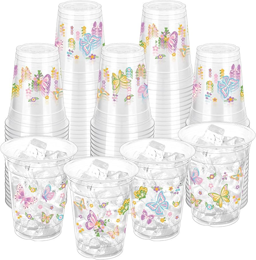 100 Pcs Butterfly Plastic Cups 12 oz Butterfly Disposable Cups Clear Butterfliy Theme Drinking Cu... | Amazon (US)