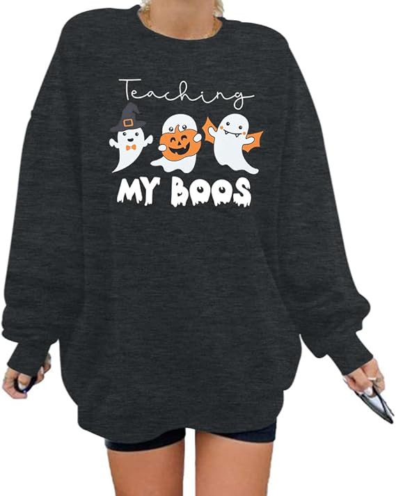 QLIPIN Halloween Sweatshirts for Women Oversized Teaching My Boos Shirts Teacher Sweatshirt Cute ... | Amazon (US)