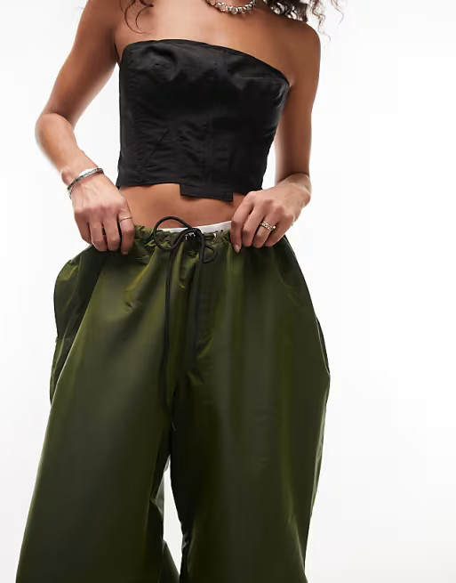 Topshop high shine oversized balloon parachute pants in khaki | ASOS (Global)