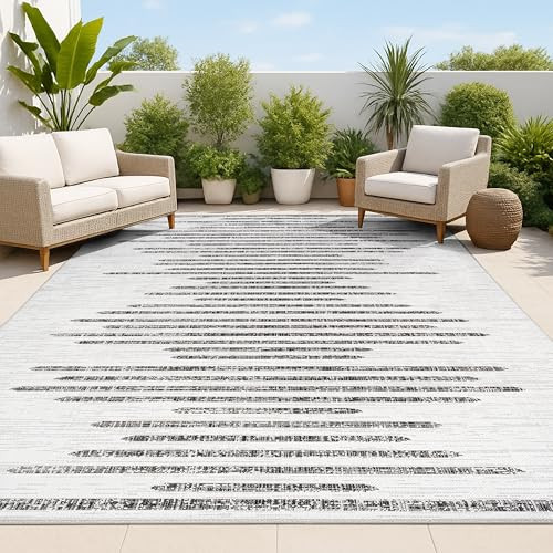JONATHAN Y Stripe Geometric Indoor Outdoor Area Rug 9X12 Ivory/Black, Zolak Berber for Backyard, Patio, Porch, Easy-Cleaning, High Traffic, Pet-Friendly, Non-Shedding (SMB124D-9) | Amazon (US)