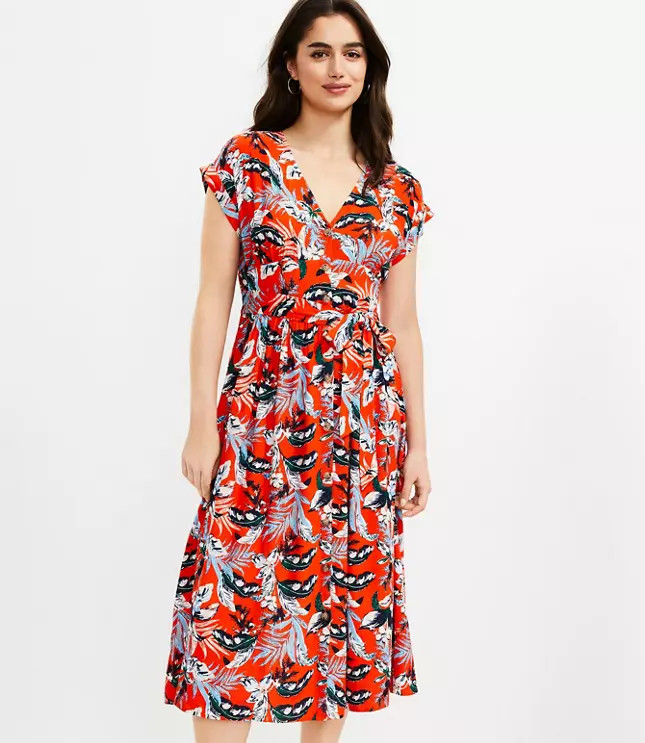 Botanical Button Tie Waist Midi Dress | LOFT