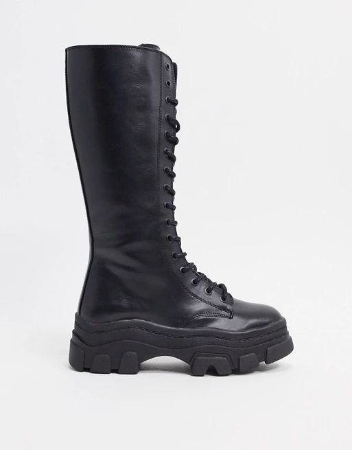 Bershka high lace up boots with track sole in black | ASOS (Global)