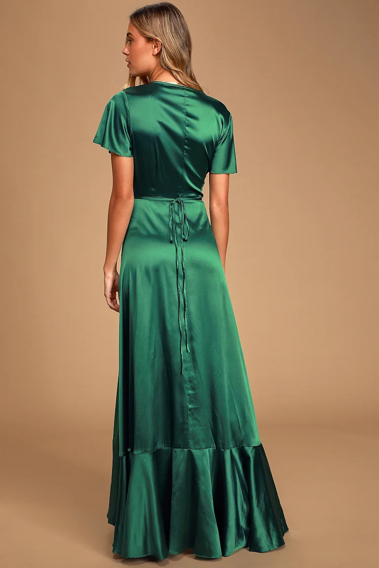 Love Of Your Life Dark Green Satin Ruffled Wrap Maxi Dress | Lulus (US)