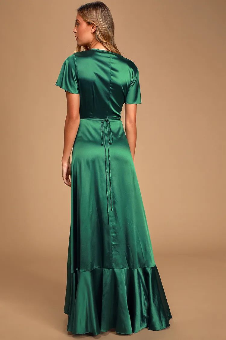 Love Of Your Life Dark Green Satin Ruffled Wrap Maxi Dress | Lulus (US)