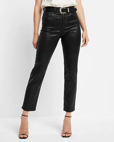 High Waisted Black Coated Straight Ankle Jeans | Express