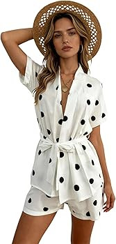 OCUH Polka Dot Set Kimono Top Wide Leg Drawstring Shorts 2 Piece Lounge Set Women Beach Cover Ups... | Amazon (US)