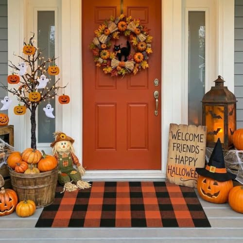 SEEKSEE Halloween Decor Buffalo Plaid Outdoor Rug 27.5x43 Orange and Black Front Door Mat, Layering Rug for Porch, Halloween Doormat, Front Porch Rug for Outdoor Entrance Entryway Patio Porch Decor | Amazon (US)