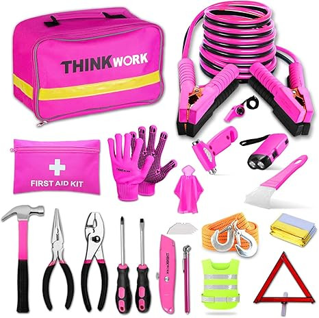 THINKWORK Car Emergency Kit for Teen Girl and Lady's Gifts, Pink Emergency Roadside Assistance ki... | Amazon (US)