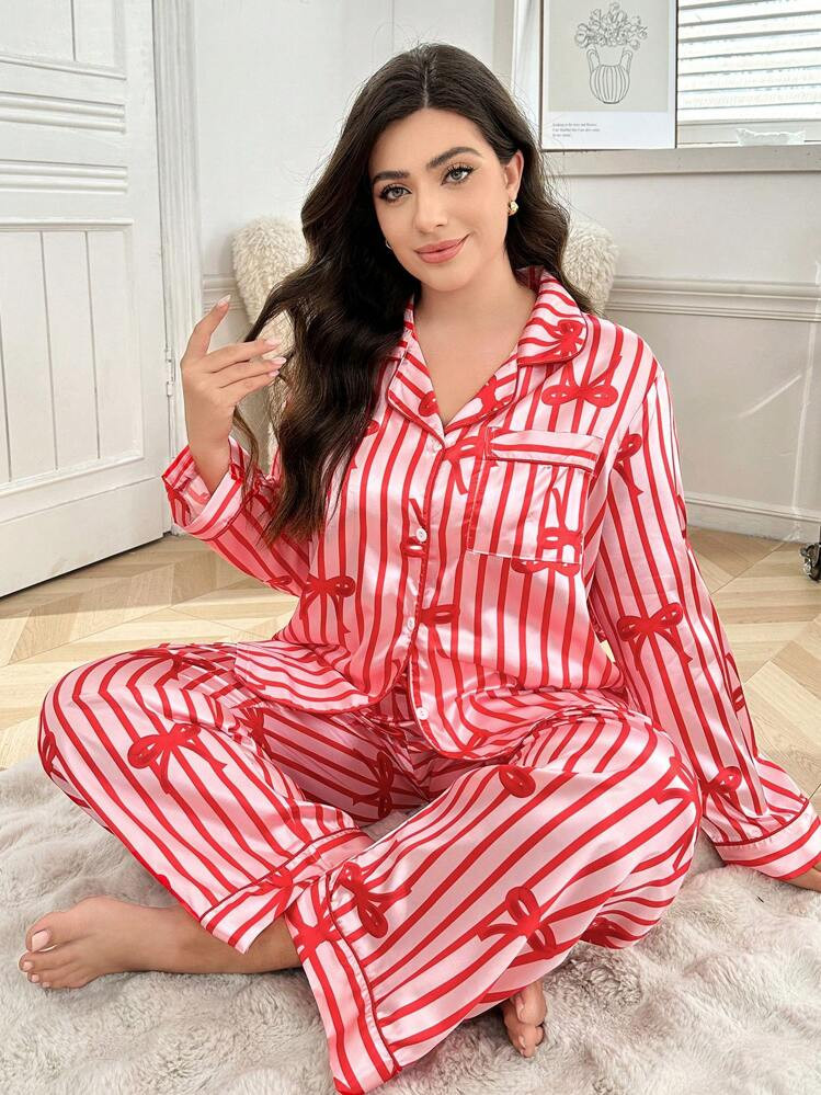 Plus Size Valentine's Day Gift Striped Bow Decor Faux Silk Pajama Set, Elegant, Cozy Outfit, Fall... | SHEIN