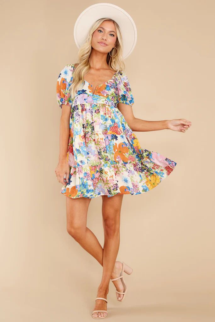 Gorgeous Darling Ivory Multi Floral Print Dress | Red Dress 
