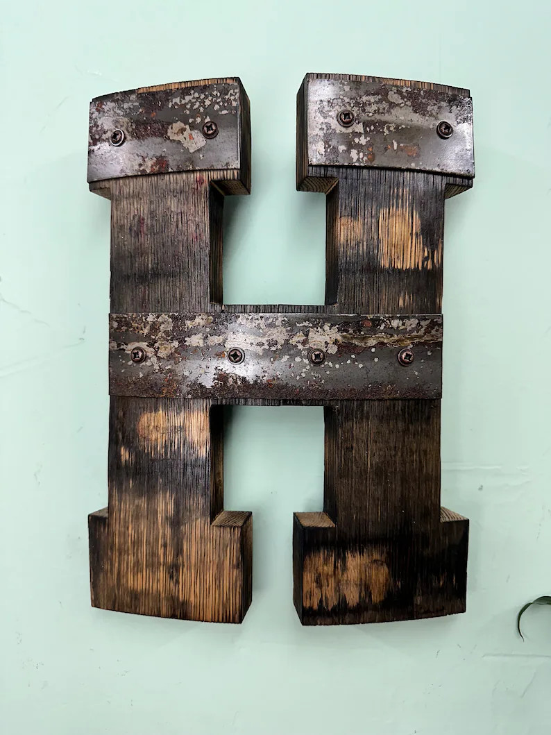 1' “H” Monogram Bourbon Barrel Wood Cutout with Rings | Etsy (US)