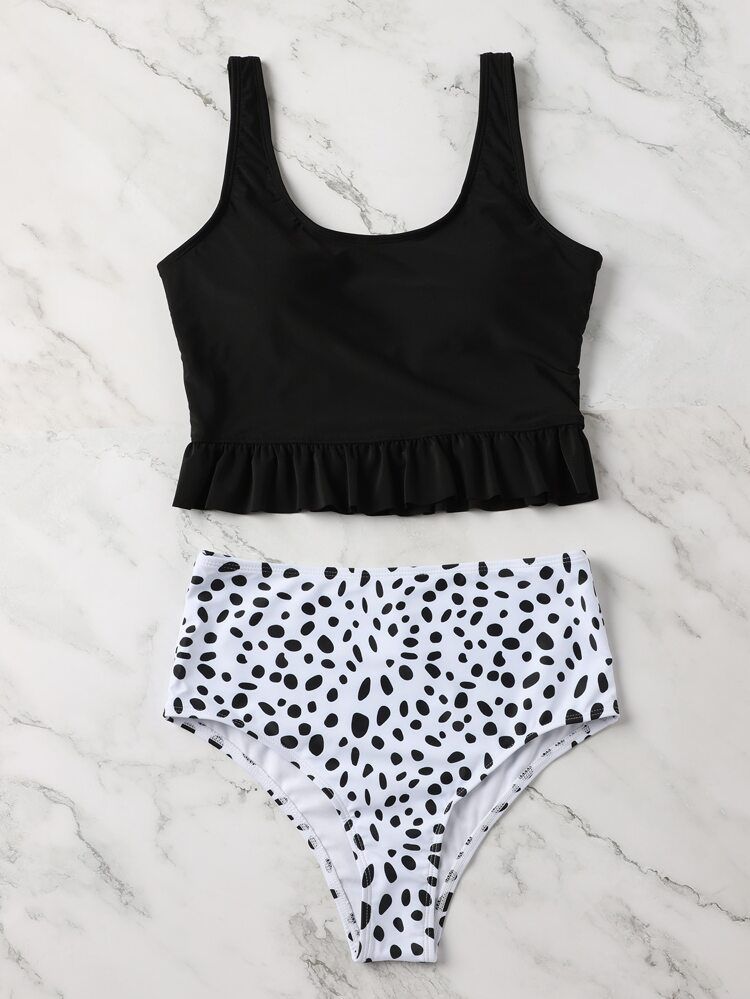 Dalmatian Ruffle Hem Bikini Swimsuit | SHEIN
