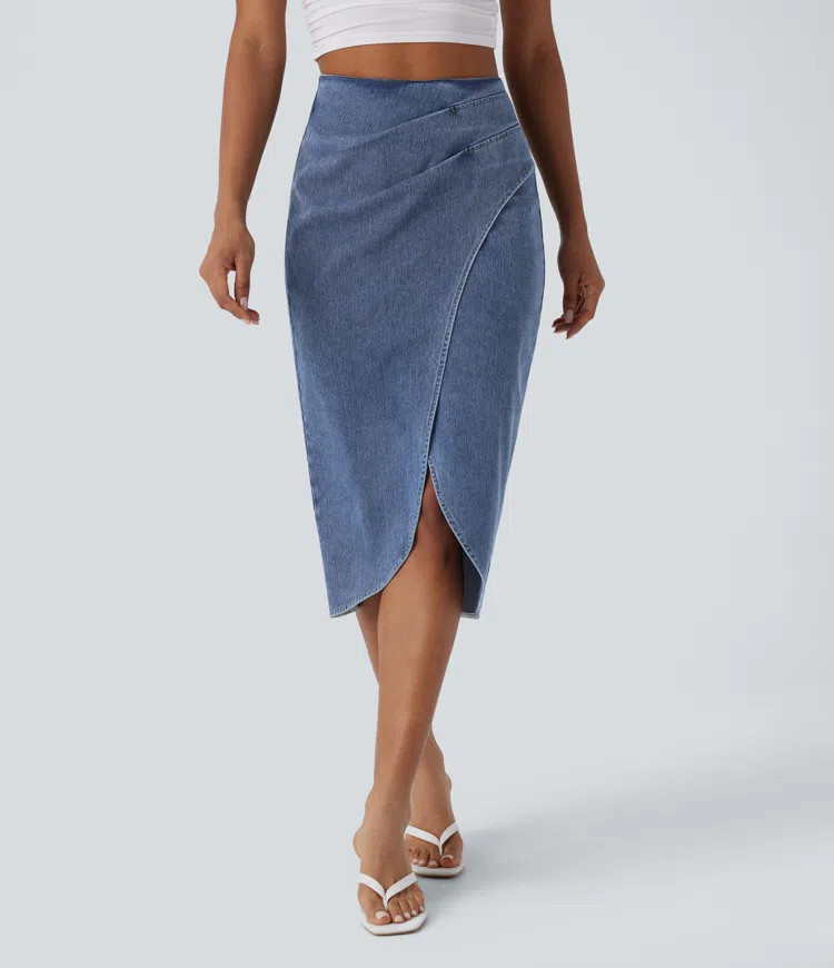 Women’s Halara Flex™ High Waisted Back Zipper Ruched Tulip Hem Midi Washed Denim Casual Skirt... | HALARA