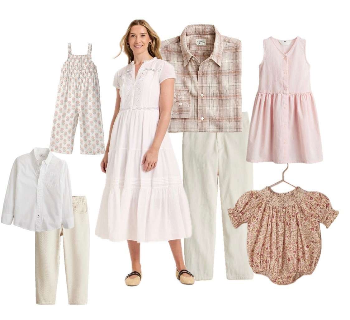 What to wear for family photos - pink and neutral color palette. Mix pink plaids, florals, solids and summer and spring fabrics like linen and gauze for the perfect spring and summer look.

Bonus - wear these for Easter too!

#LTKMens #LTKKids #LTKBaby
