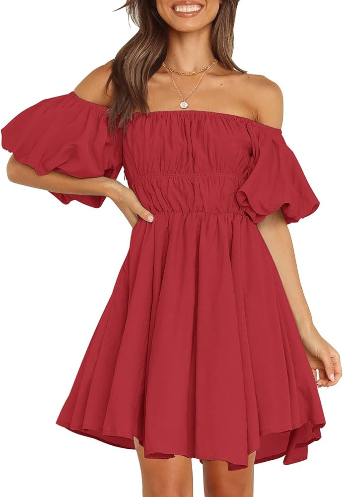 MEROKEETY Women's Puff Sleeve Off Shoulder A Line Dress Ruffle Shirred Summer Mini Dress with Poc... | Amazon (US)