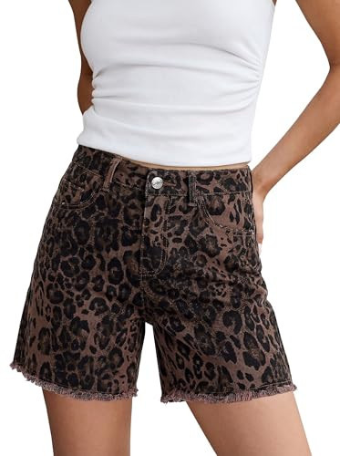 luvamia Jean Shorts for Women Trendy High Rise Mid Thigh Cheetah Leopard Print Raw Hem Stretch Denim Casual Summer Jorts Brown Leopard Size Medium Fits US 8-10 | Amazon (US)