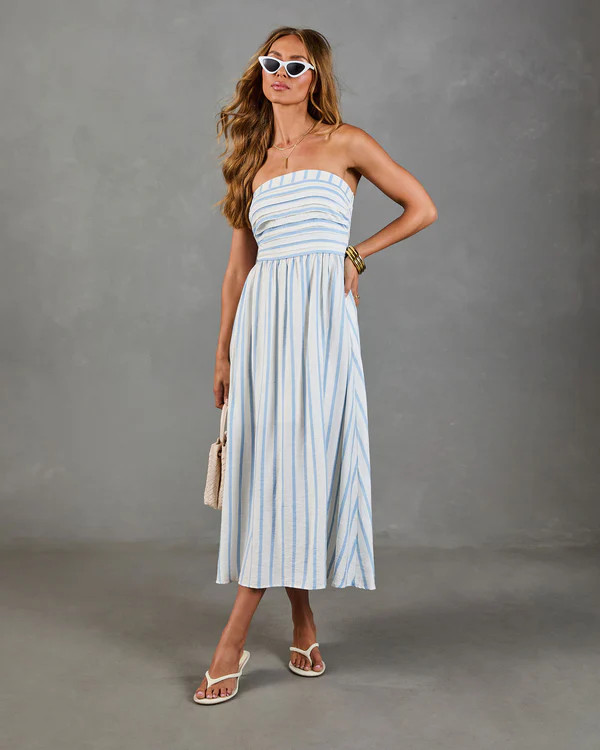 Telma Striped Strapless Fit and Flare Midi Dress | VICI