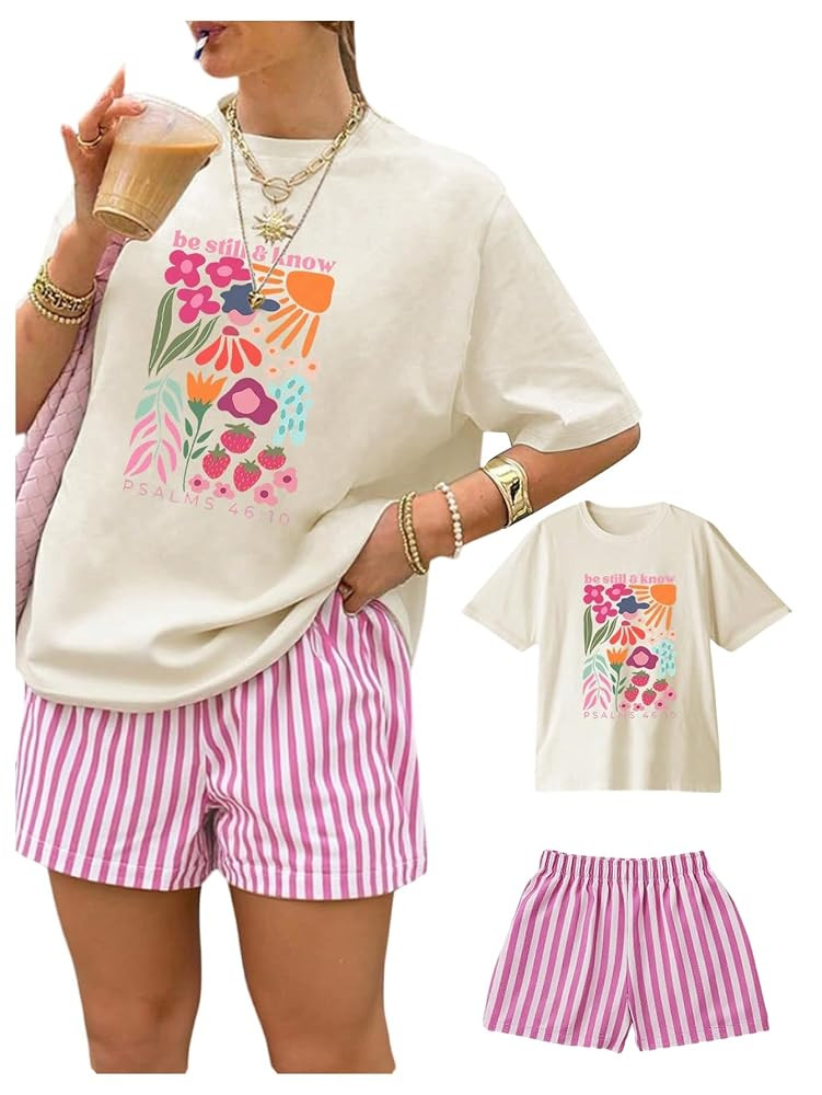 SOLY HUX Women's Summer 2 Piece Outfits Graphic Short Sleeve Top Striped Shorts Set Aesthetic Clo... | Amazon (US)