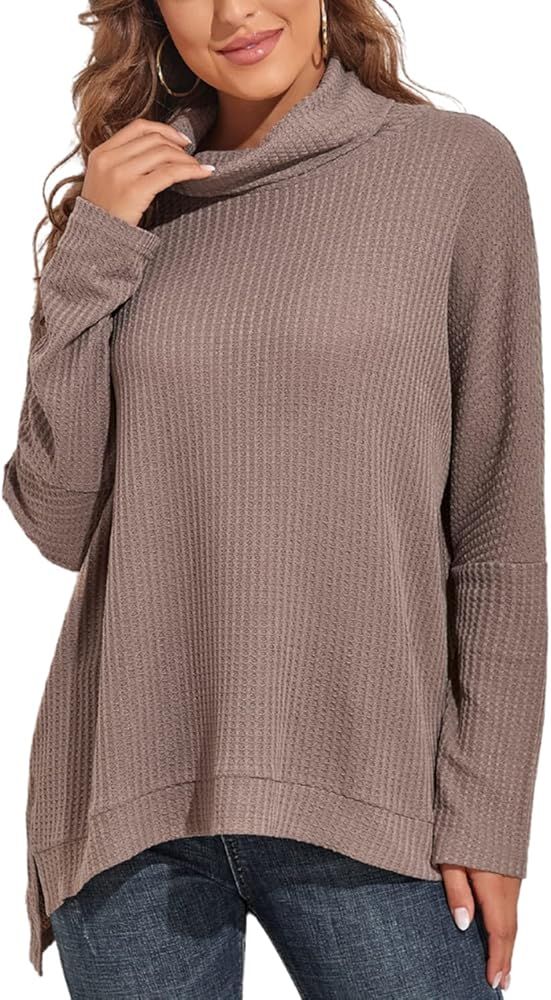 Dokuritu Women's Turtleneck Long Sleeve Sweater Loose Oversized Cowl Neck Waffle Knit Tops High Low  | Amazon (US)