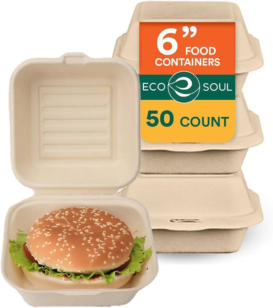 ECO SOUL 100% Compostable Clamshell Take Out Food Containers [6X6 50-Pack] Heavy-Duty Disposable ... | Amazon (US)