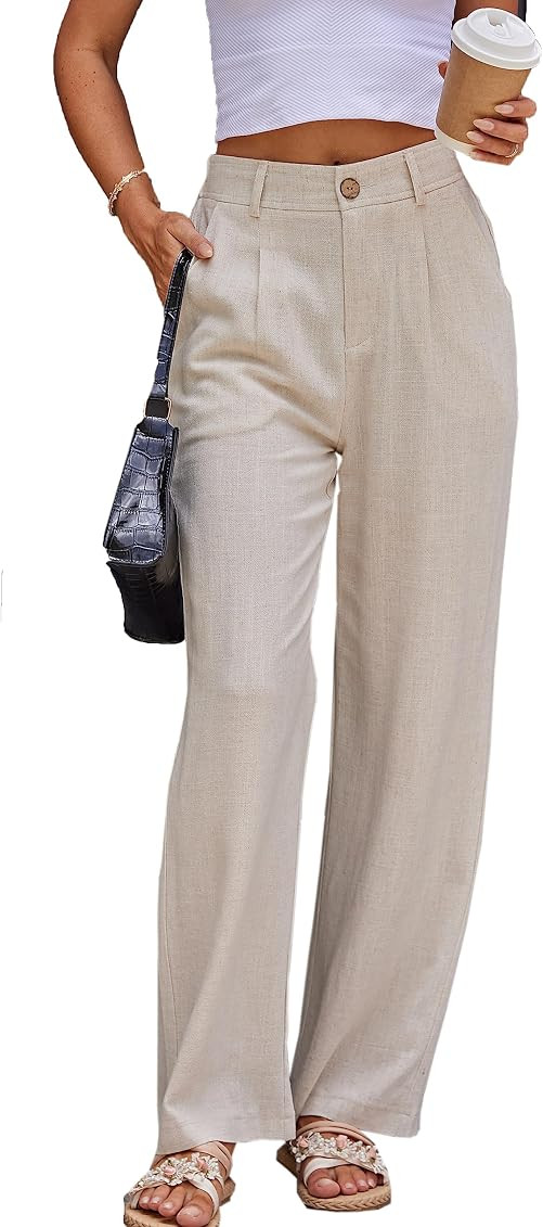 heipeiwa Women's Linen Casual High Waist Wide Leg Straight Dress Cotton Linen Pants Button Trouse... | Amazon (US)