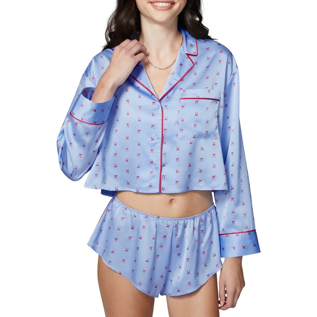 Florence by Mills Satin Sleep Crop Pajama Top in Windsurfer Ribn at Nordstrom, Size Xx-Small | Nordstrom