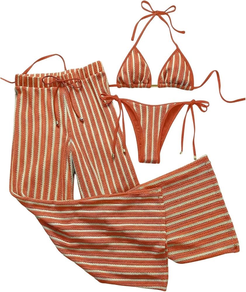 Women's 3 Piece Cheeky Striped Crochet Bikini Set Halter Tie Side Swimsuits with Cover Up Pants 2... | Amazon (US)
