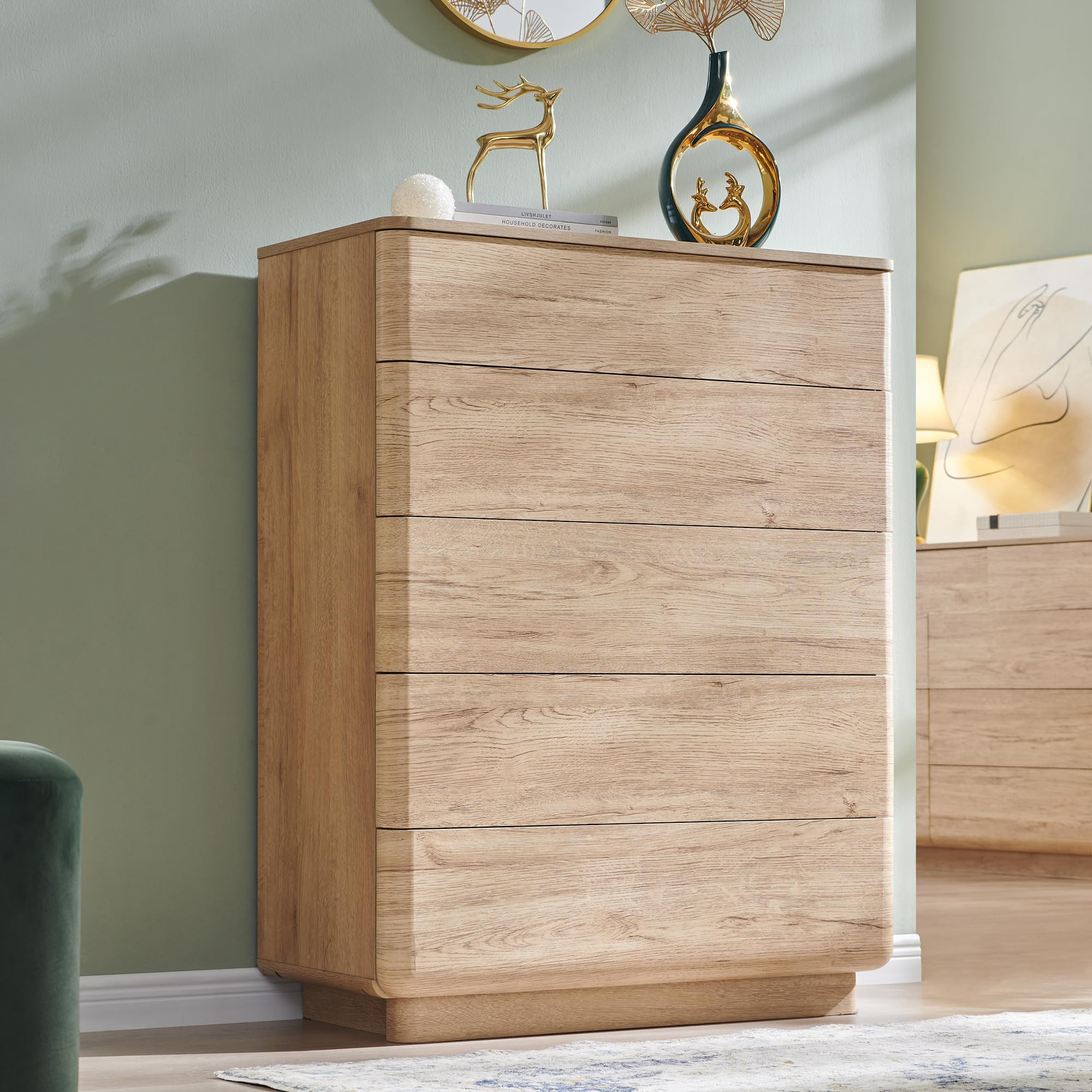 Modern 5 Drawer Dresser for Bedroom, 42" Tall Wooden Dressers with Large Storage,Handleless Chest of Drawers for Living Room & Hallway, Curved Profile Design, Natural Oak | Amazon (US)