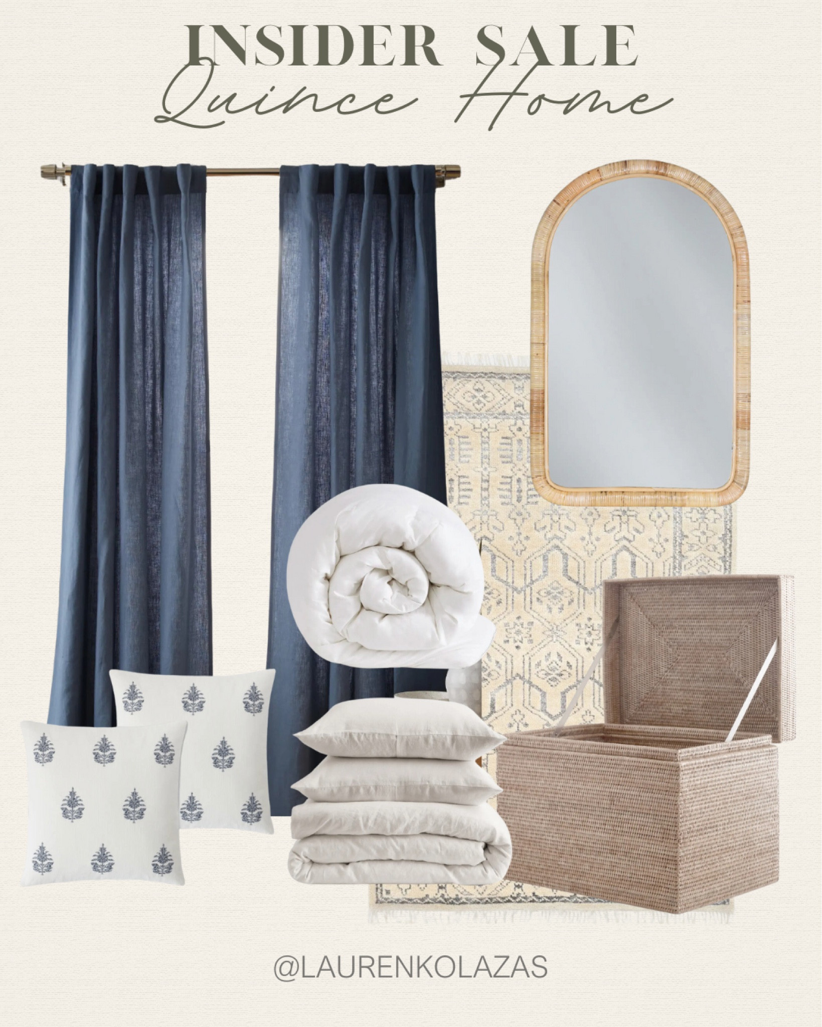 Get these exciting decor home pieces from Quince that's on sale today: navy blue linen curtains, rattan wall mirror, handwoven rattan storage chest, beddings, and more! Perfect for a coastal-themed design!
#homedecor #bedroomessentials #livingroominspo #summersale

#LTKSeasonal #LTKHome #LTKSaleAlert