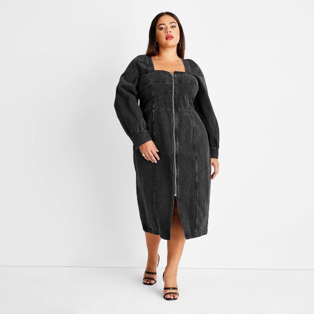 Women's Puff Long Sleeve Zip-Front Denim A-Line Dress - Future Collective™ with Kahlana Barfiel... | Target