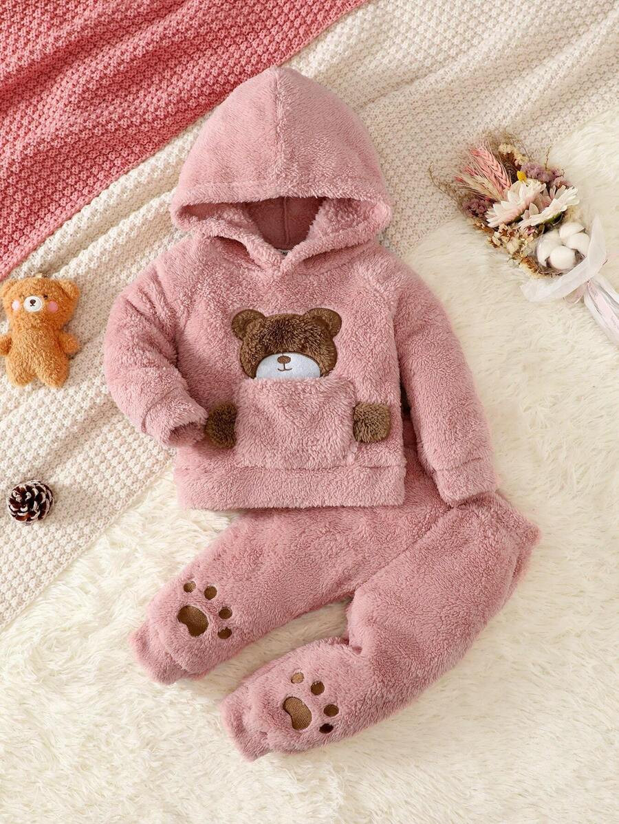 Baby Girl Bear Embroidery Raglan Sleeve Teddy Hoodie & Pants | SHEIN