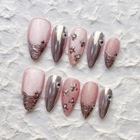 Reusable Chrome Powder With Pink Press On Nails Gel Manicure | Fake Handmade Press-On Nails Long-Lasting 1-A642 | Etsy (US)