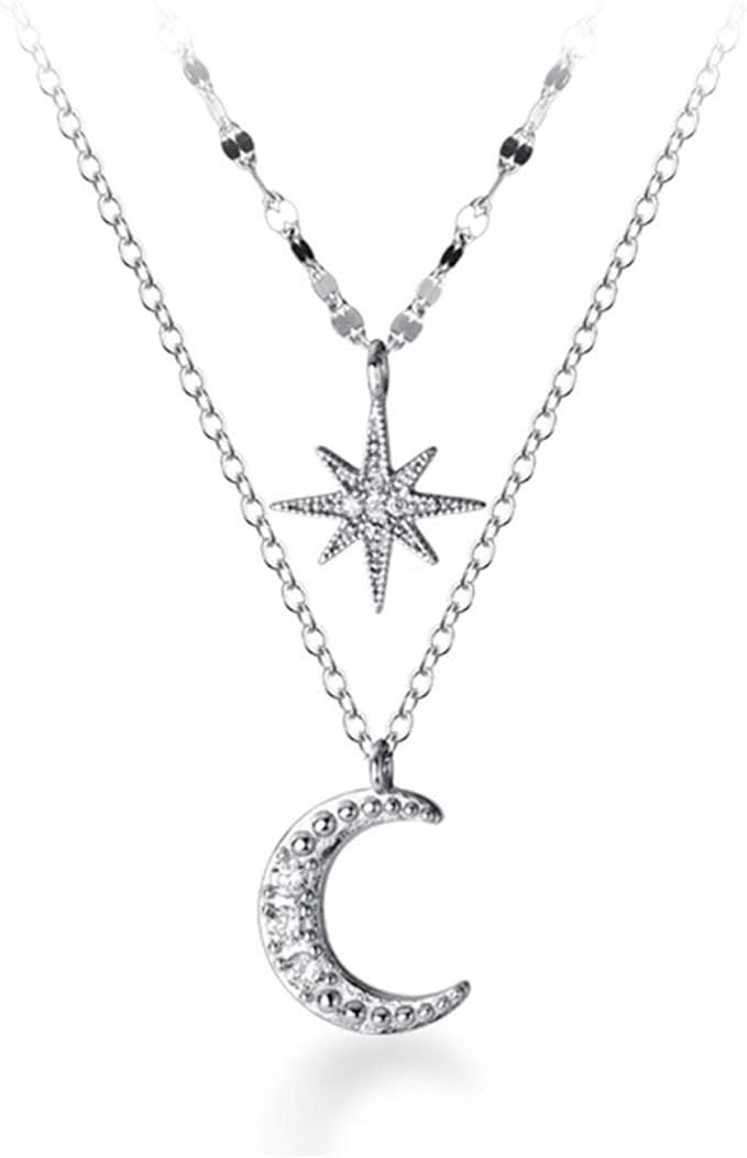 Amazon.com: SLUYNZ 925 Sterling Silver Layered Necklace Chain Star Moon Choker Necklace for Women... | Amazon (US)