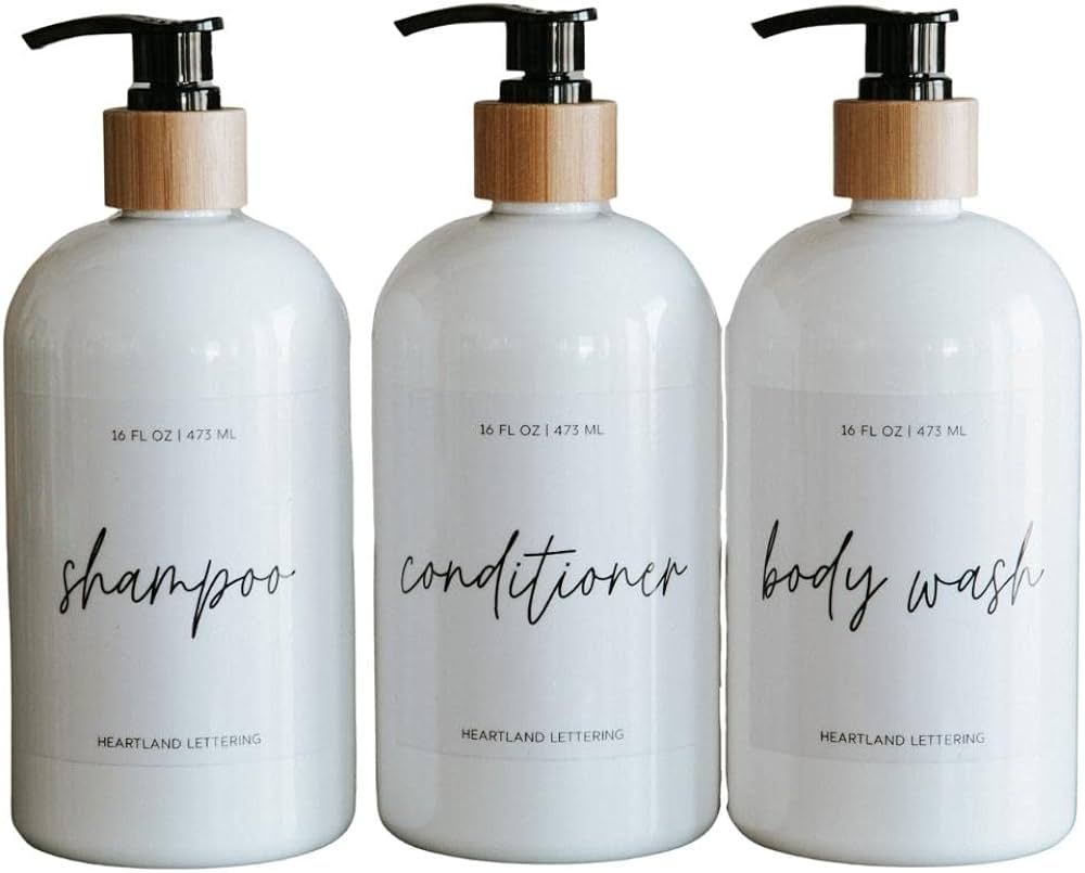 White Bamboo Shampoo Bottles Refillable, Shampoo and Conditioner Dispenser Bottles with Pump, Set... | Amazon (US)