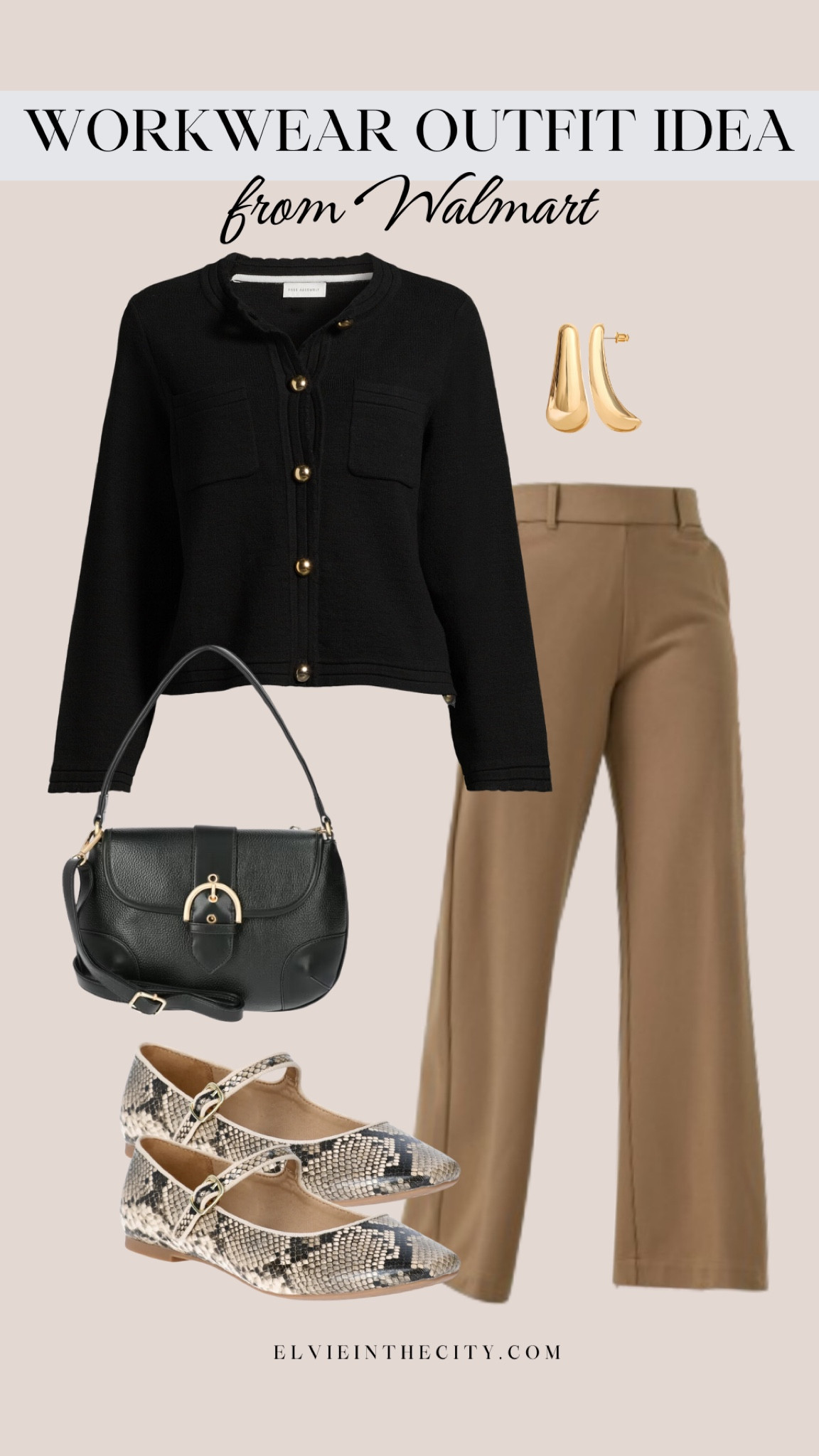 This fall workwear outfit idea includes a button up black sweater paired with light brown trouser pants, a black shoulder bag, snakeskin print ballet flats, and gold earrings.

Ootd, business outfit, work outfit, fall outfit, fashion over 40

#LTKFindsUnder50 #LTKStyleTip #LTKOver40