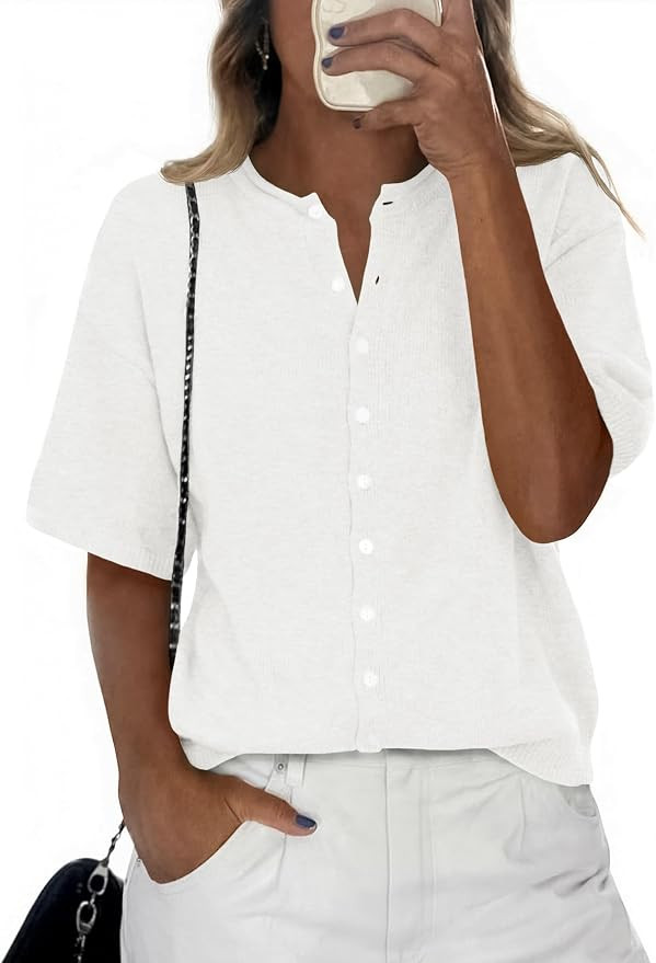 Saodimallsu Womens Short Sleeve Button Down Cardigans Lightweight Spring Summer Casual Knit Crew ... | Amazon (US)