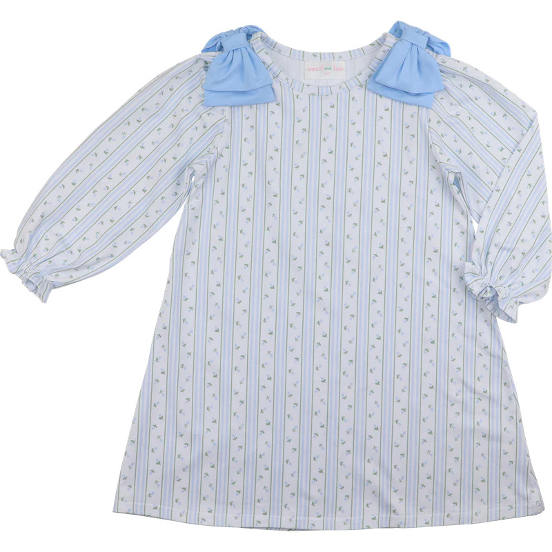 Blue Rosebud Stripe Knit Bow Dress | Cecil and Lou