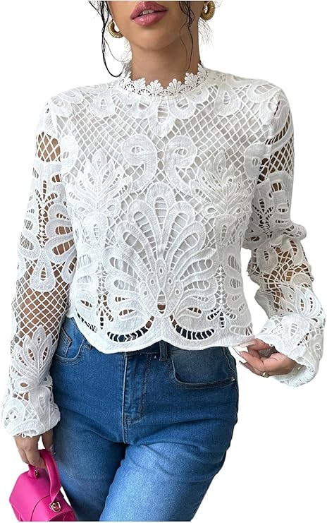 SHENHE Women's Dressy Casual Blouse Lace Embroidered Hollow Out Long Sleeve Going Out Crop Top | Amazon (US)
