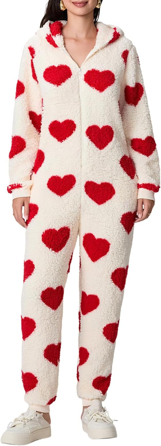 One Piece Pajamas for Women Zipper Fleece Romper Cute Heart Print Long Sleeve Plush Jumpsuit Chri... | Amazon (US)