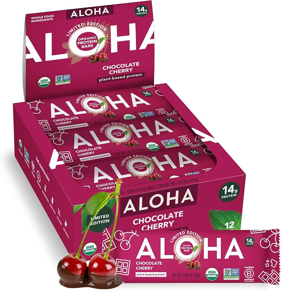 ALOHA Organic Plant Based Protein Bars - Chocolate Cherry - 12 Bars, Vegan, Low Sugar, Gluten-Fre... | Amazon (US)