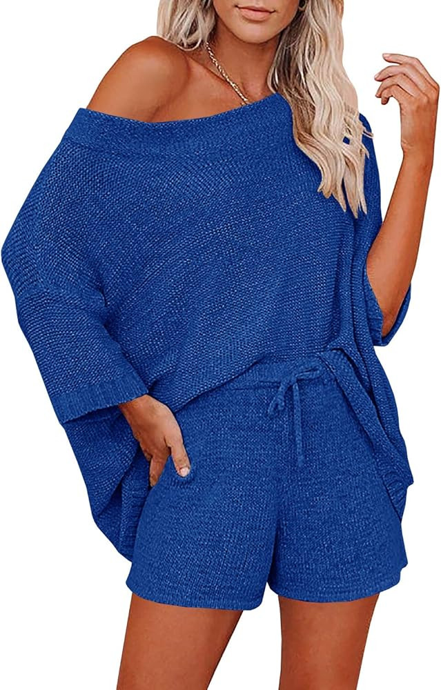 Mafulus Women's 2 Piece Outfits Sweater Set Off Shoulder Knit Top + Drawstring Waist Short Suits Cas | Amazon (US)