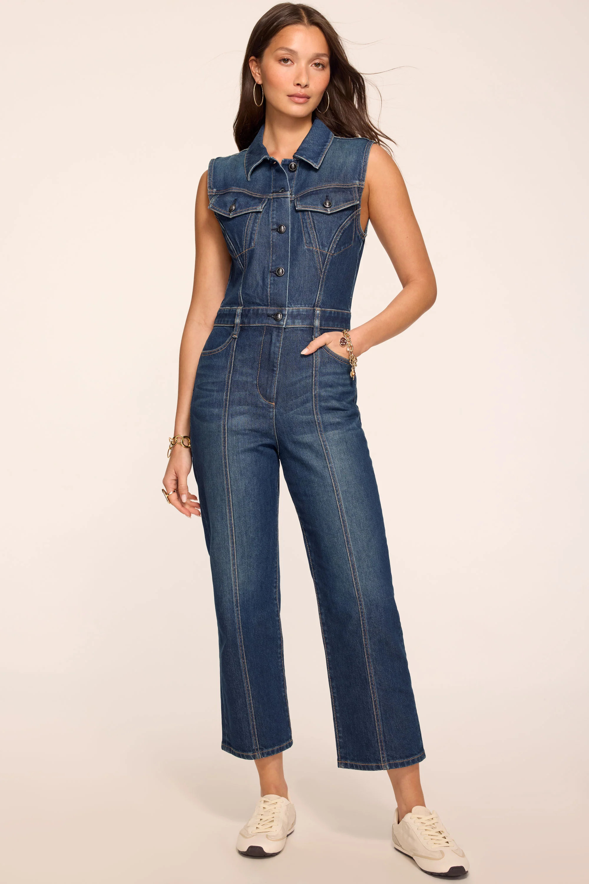 Jessie Sleeveless Denim Cropped Jumpsuit in Dark fade | Ramy Brook