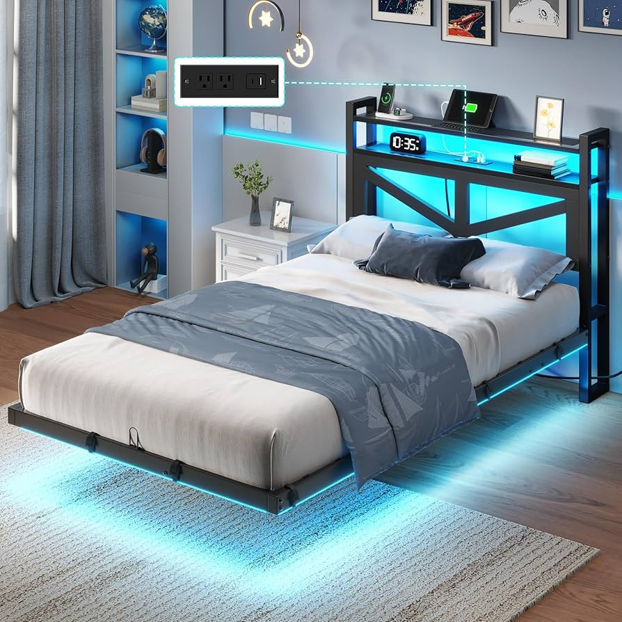 YITAHOME Twin Size Floating Bed Frame with USB Charging Station Storage Headboard and with Led Li... | Amazon (US)
