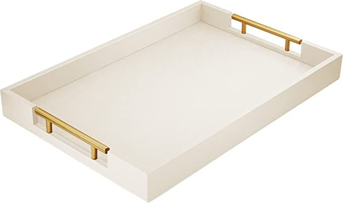 17" x 12" Wood Serving Tray with Gold Polished Metal Handles, Home Decorative Wooden Rectangle Ot... | Amazon (US)